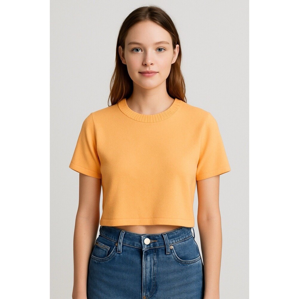 Zara Knit Cropped Sweater Top Peach Orange Short Sleeve Size L